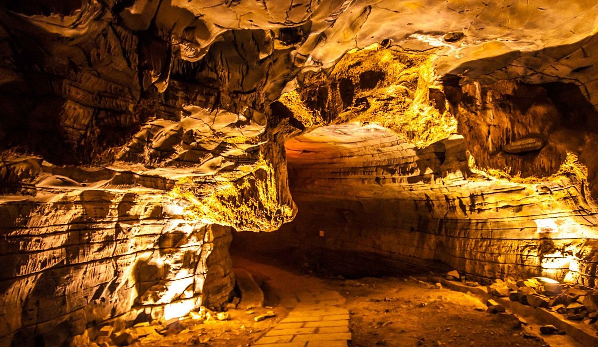 Beautifully illuminated underground stalactite formations