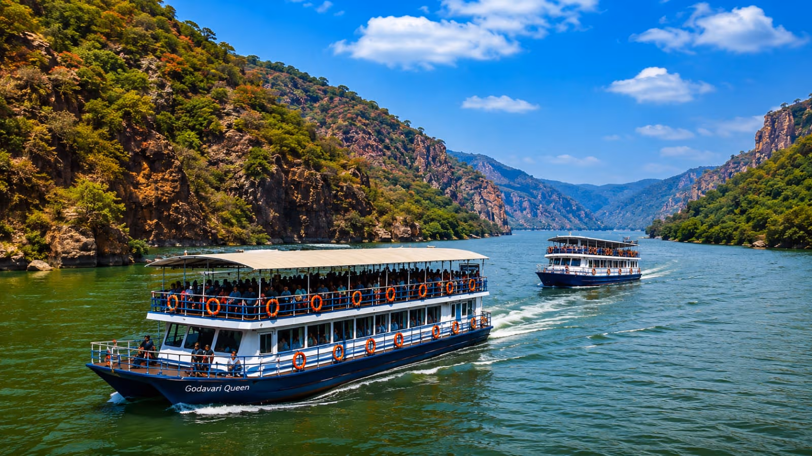 Boats sailing on a wide river surrounded by lush green mountains